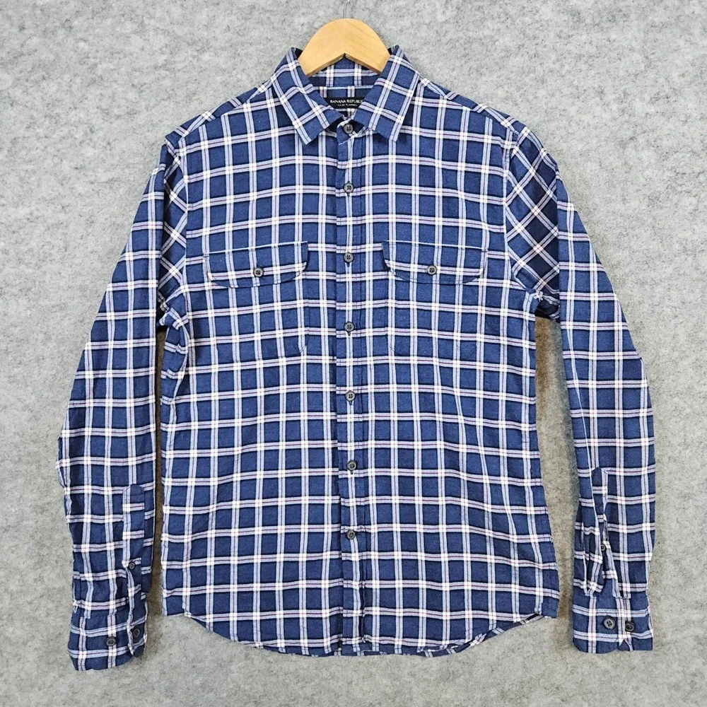 Banana Republic Mens Blue Windowpane Shirt Size S Luxe Flannel Untucked Slim Fit